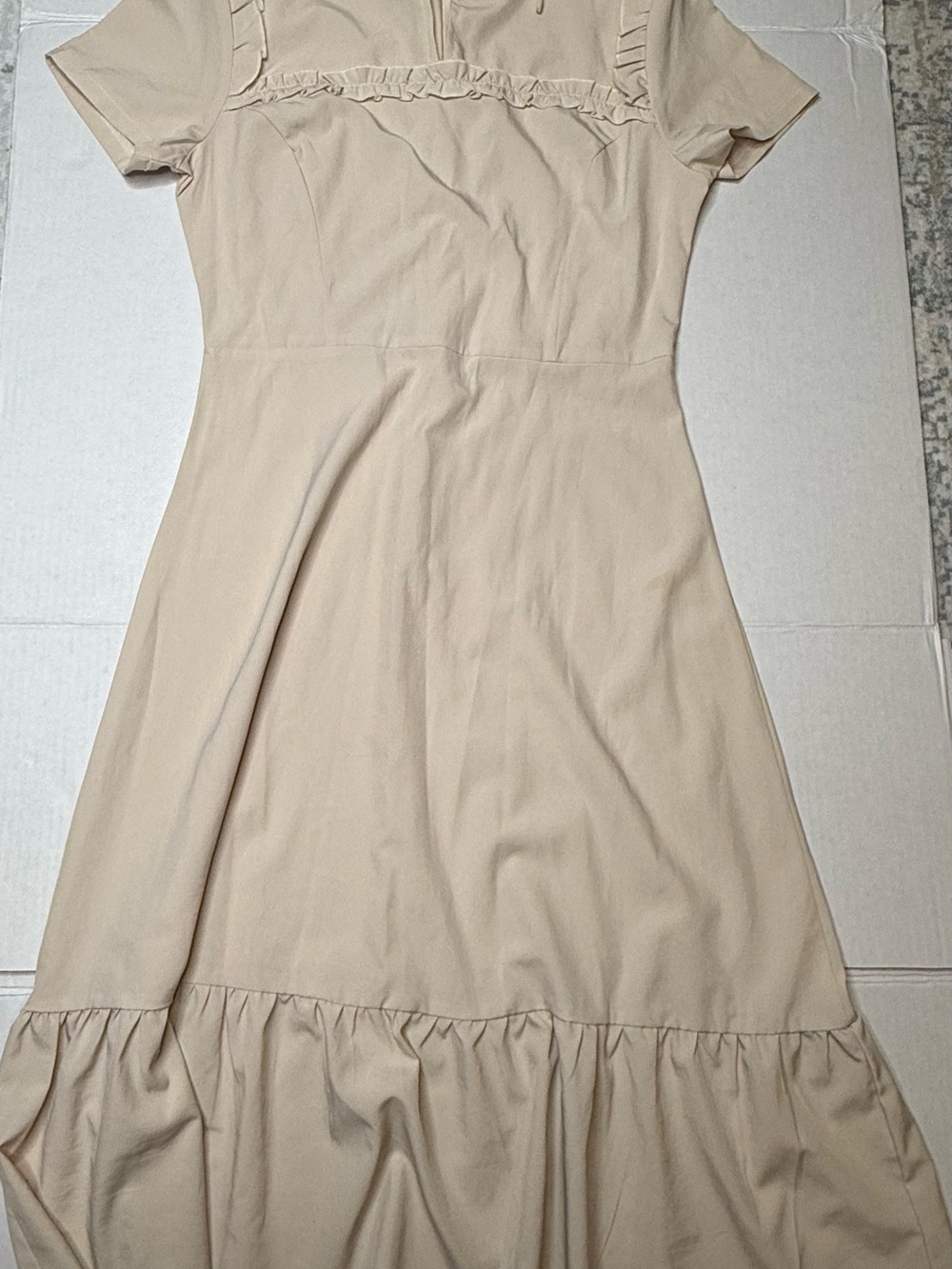 SHEIN Beige Solid Mini Dress Ruffle Trim Tie Closure Round Neck Short Sleeve S